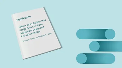 Buch mit Titel 'Influenced by Design – How Design Cues Can Shape Sustainable Design and Evaluation Choices' auf hellblauem Hintergrund neben stilisiertem, abstraktem Logo aus drei horizontalen, abgerundeten Balken und einem Kreis.