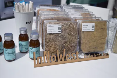 Zu sehen sind InNoWest-Merchandise und verschiedene nachhaltige Dämmstoffe.