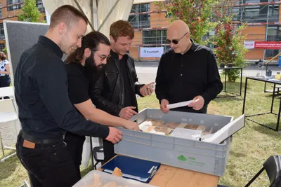Drei Besucher beim Holz-Quiz.