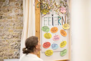 Zu sehen ist eine Frau vor einem Flipchart mit Girlanden, an dem persönliche Erfolge gesammelt werden.