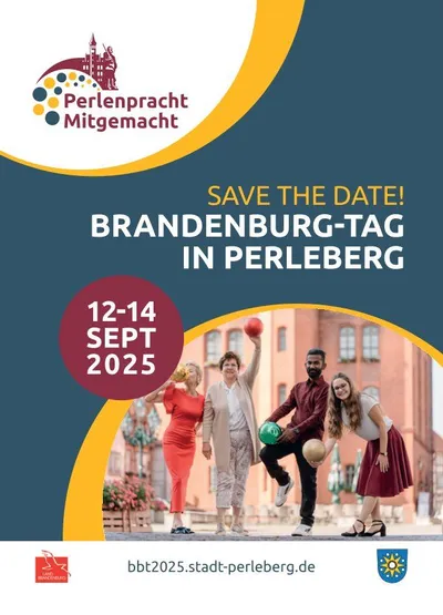 Einladungsgrafik des Brandenburg-Tages in Perleberg vom 12. bis 14.09. Im Vordergrund stehen vier Menschen und halten bunte Perlen.