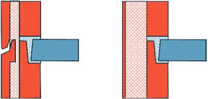 Schematische Darstellung des Wandaufbaus einer Außenwand mit mehreren Schichten in unterschiedlichen Farben und Mustern.