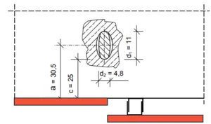 Schwarz-weiße technische Linienzeichnung mit Querschnitt durch Bewehrungsstab in Beton, Maßen und Beschriftungen zur Betondeckung.