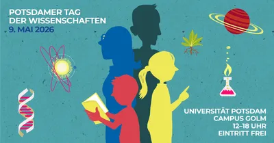 Silhouetten von drei Personen mit Buch, Blatt und Zeigestock vor wissenschaftlichen Symbolen wie DNA-Strang, Atommodell, Planet und Reagenzglas