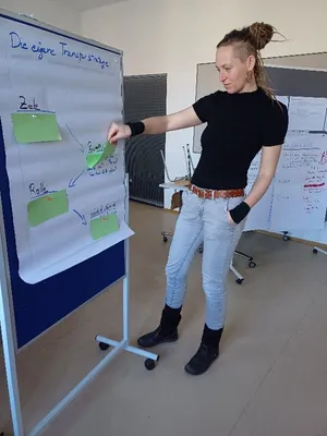 Laura steht an einer Pinnwand und schaut unter angepinnte Zettel zum Thema Transferstrategie