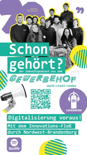 Gruppe von Menschen vor lila Hintergrund mit gelbem Umriss, darunter Textblöcke und Symbole zu einem Podcast über Digitalisierung und Innovation in Nordwest-Brandenburg