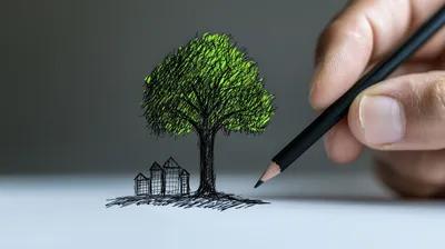 Hand skizziert grünen Baum und Häuser