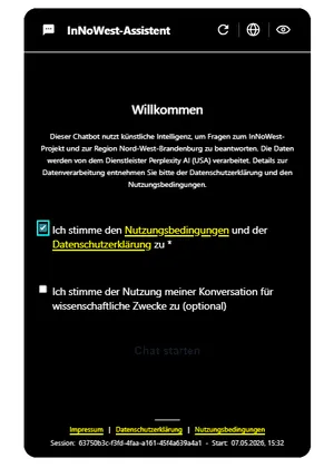 Man sieht einen Screenshot der Startseite des KI-Chatbots