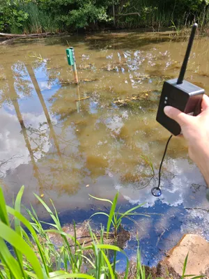 Das Bild zeigt den Sensor im Teich und einen Sensor ohne Hülle