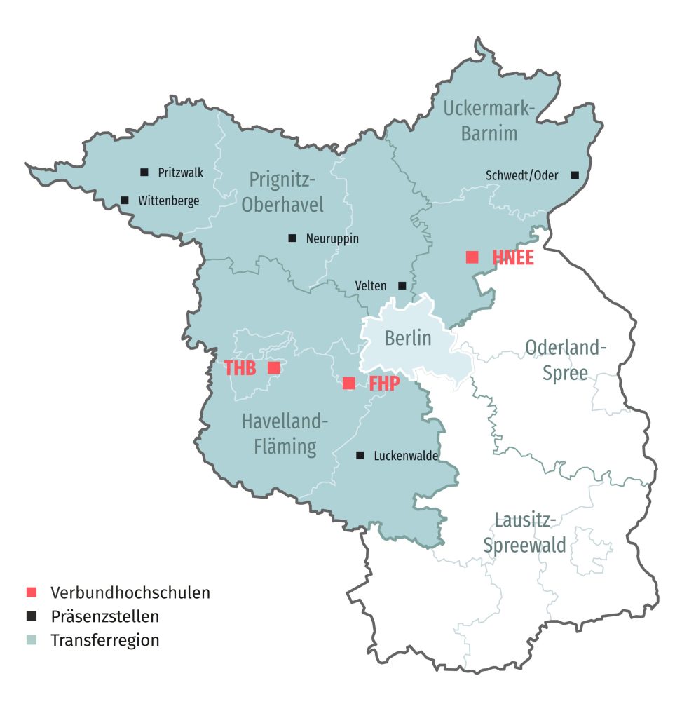 Landkarte von Brandenburg mit Betonung auf Nord-West-Brandenburg. Eingezeichnet sind die Orte der Verbundhochschulen und Präsenzstellen.